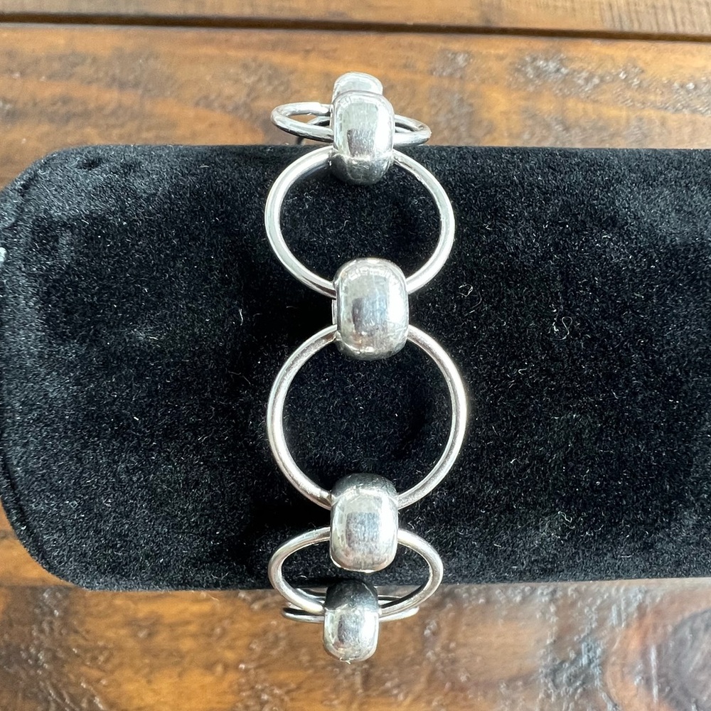 Sterling Silver Vintage Circular Circle Chain Link Toggle Bracelet